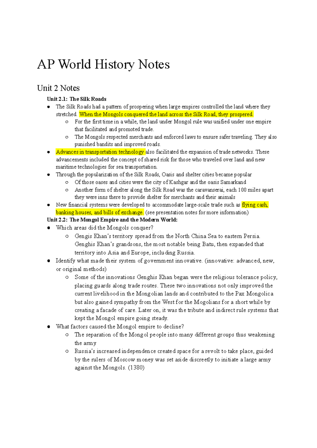 AP World History Notes: Unit 2 - The Silk Roads & Mongol Empire - Studocu