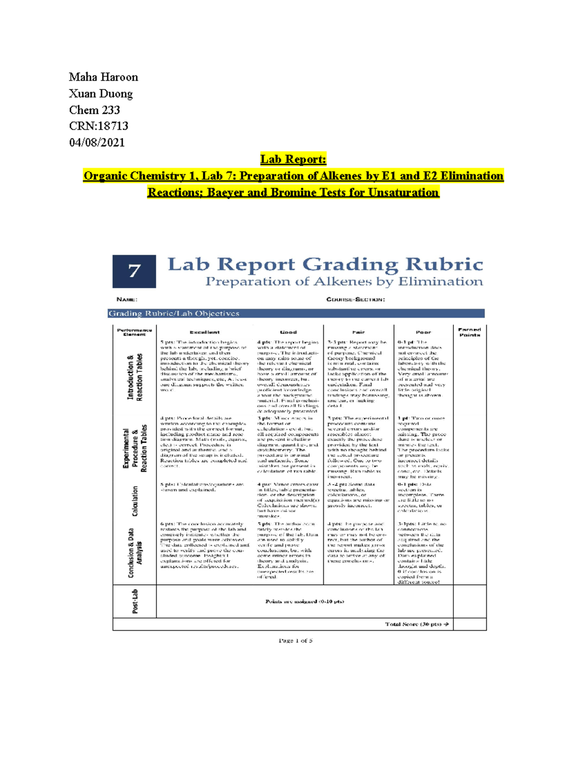 Orgo Post-lab 7 - Orgo- Lab report - Maha Haroon Xuan Duong Chem 233 ...