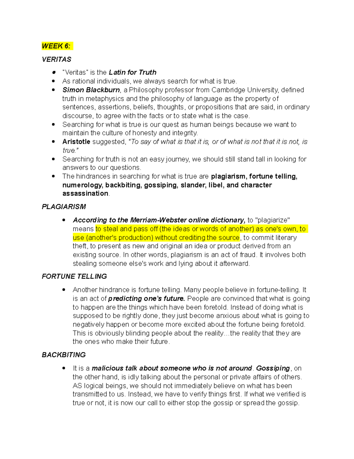 VRTS - Lecture Notes on Veritas & Compassion (Weeks 6-9) - Studocu