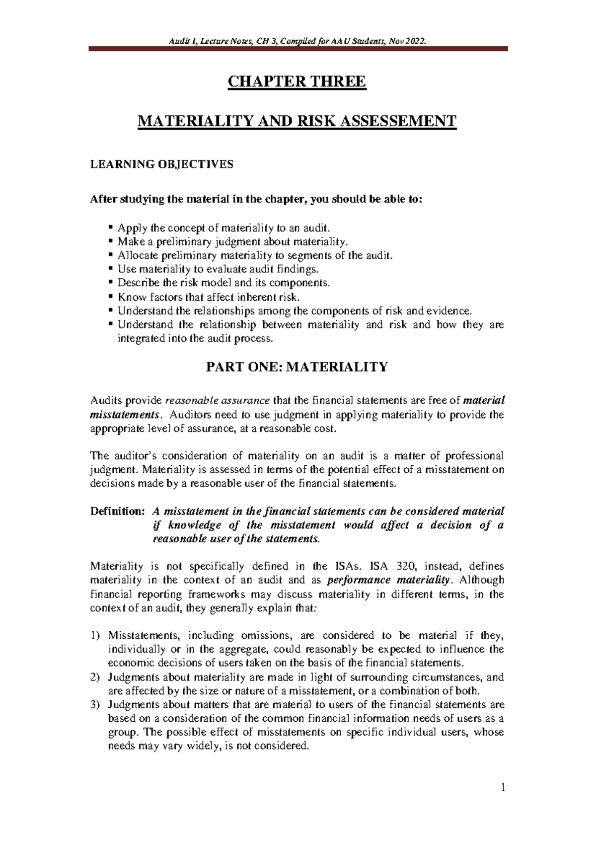 Audit I, Lecture Notes, CH 3: Materiality & Risk Assessment for AAU ...