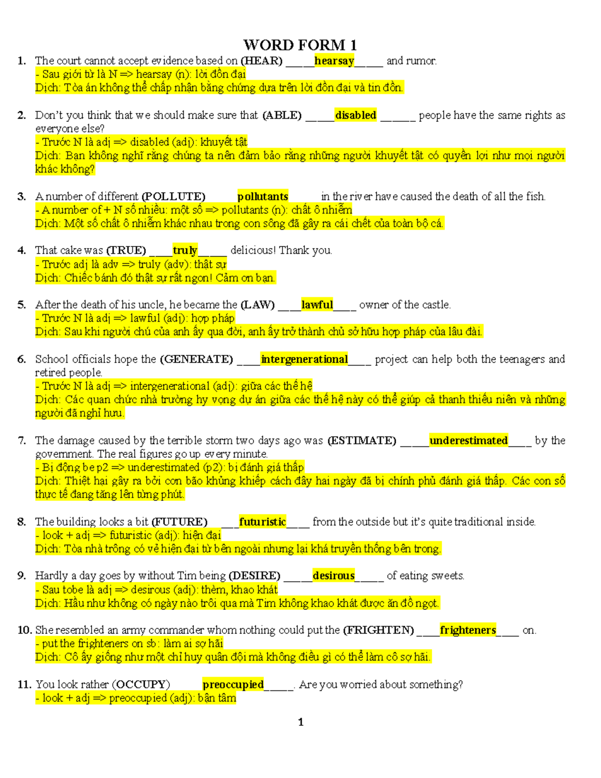 WORD FORM 1: Vocabulary Exercises and Translations - Studocu
