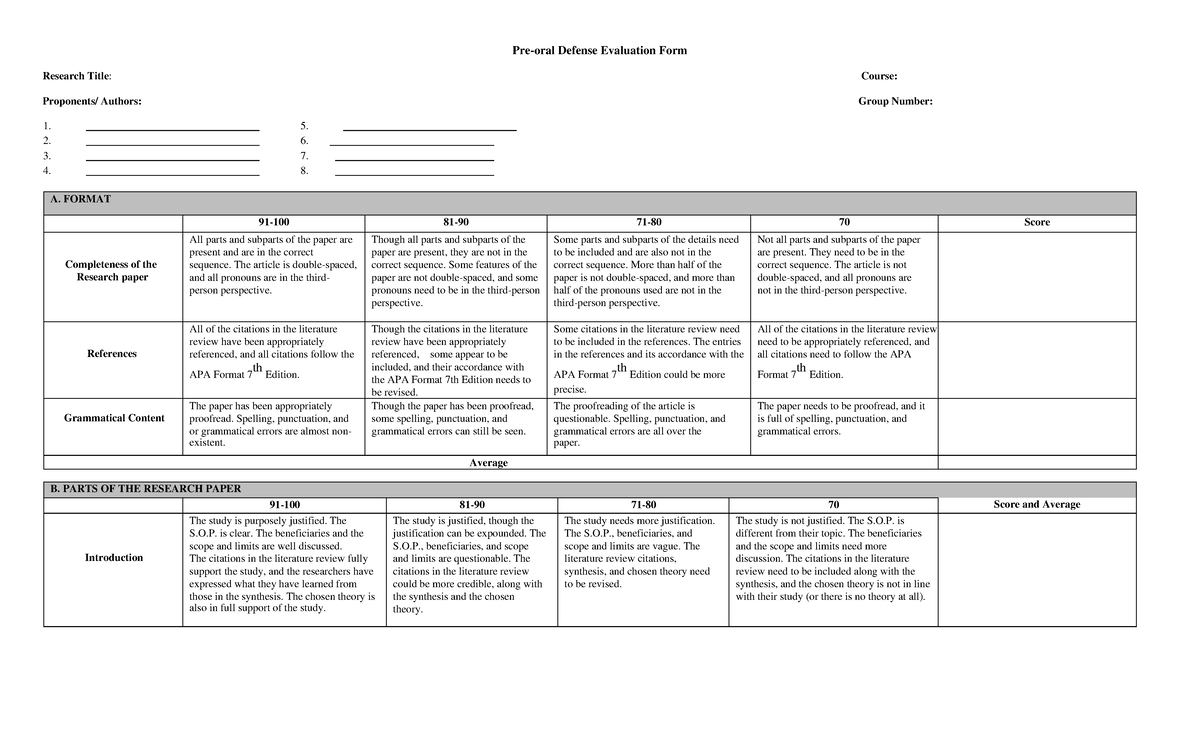 Pre-Oral Defense Evaluation Form for Research Papers - Studocu