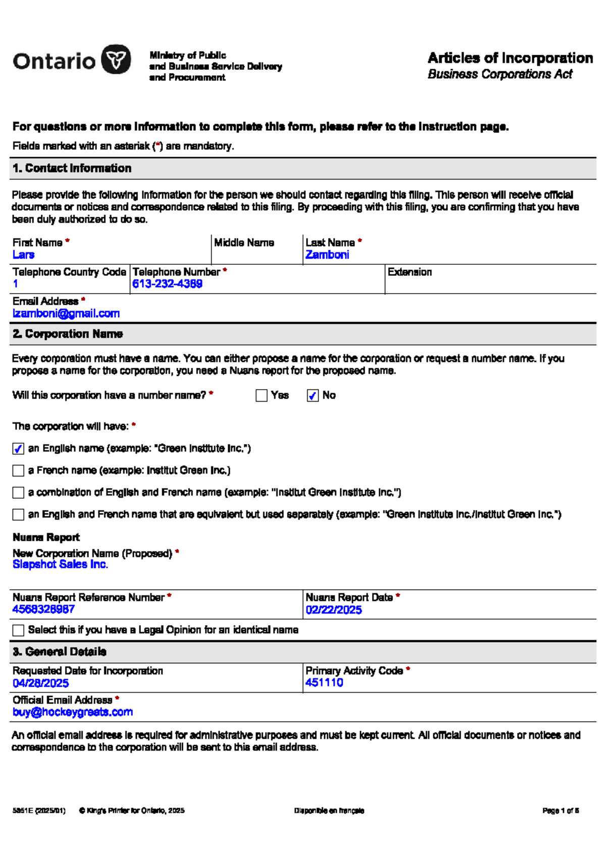 ELO 5351E - Article of incorporation for Ontario business corporations ...
