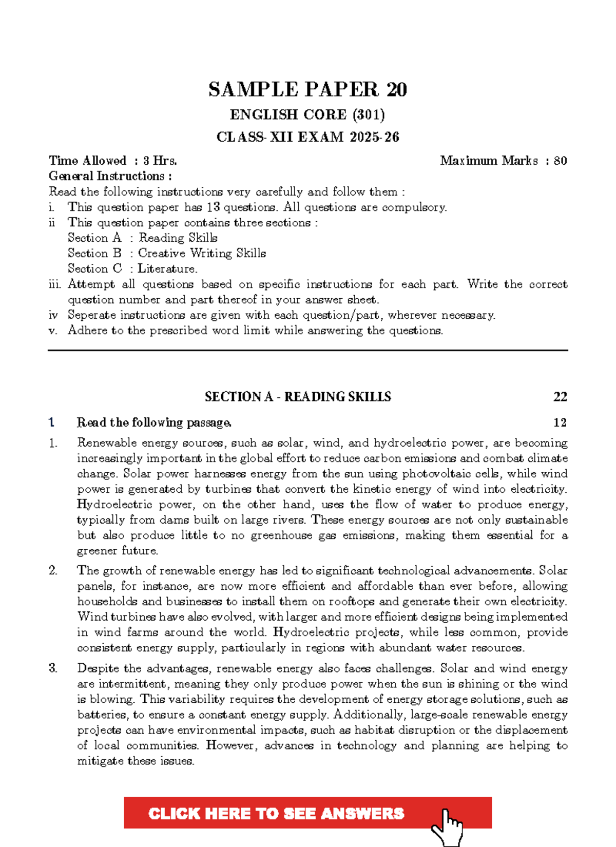 CBSE 12th English Core Sample Paper 20 - Comprehensive Exam Guide - Studocu