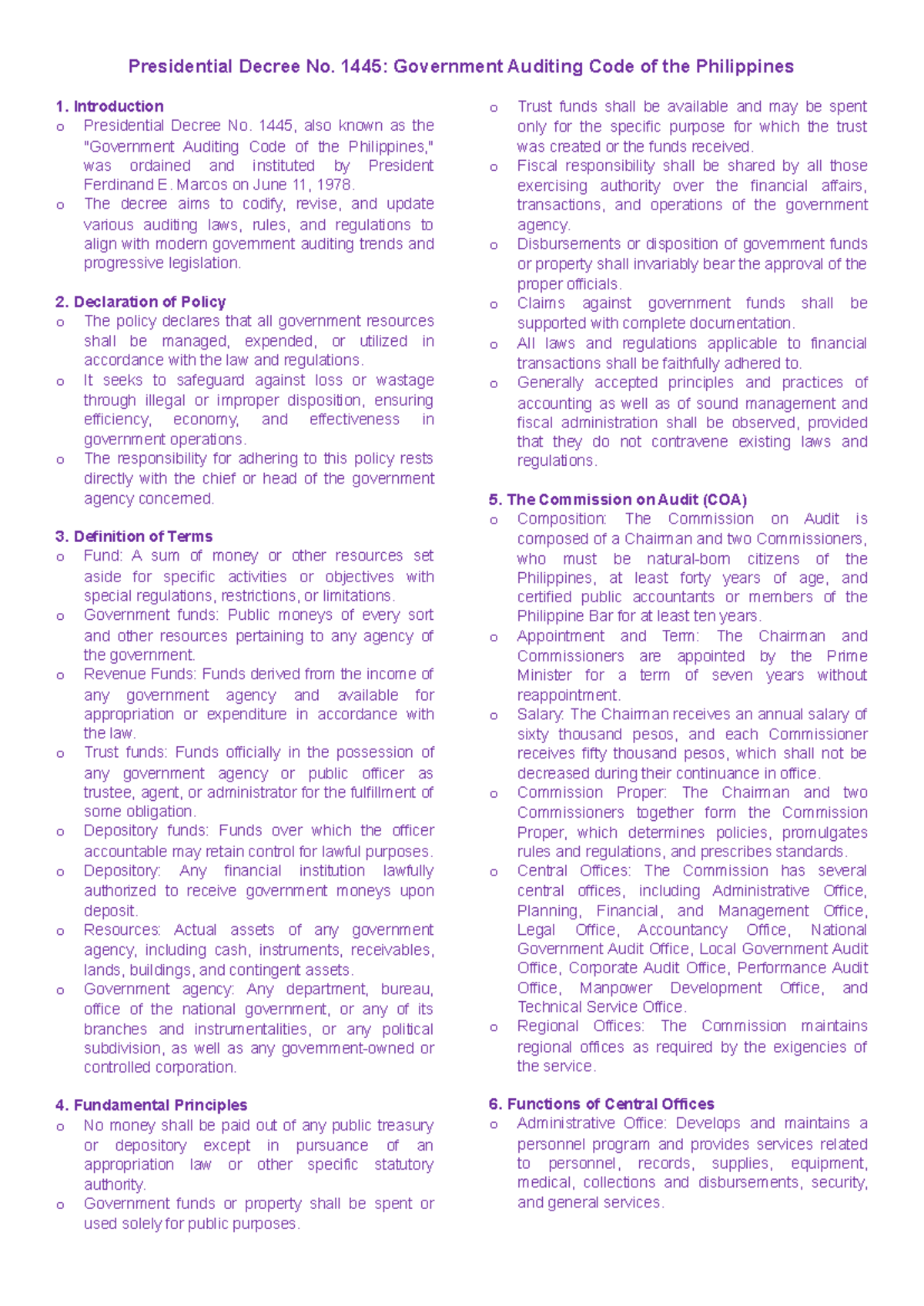 PD No. 1445: Summary of the Government Auditing Code of the Philippines ...