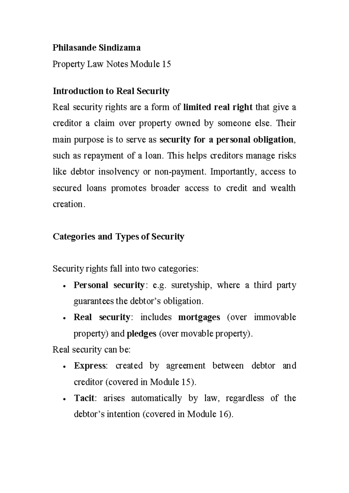 Property Law Module 15: Real Security Rights Overview - Studocu