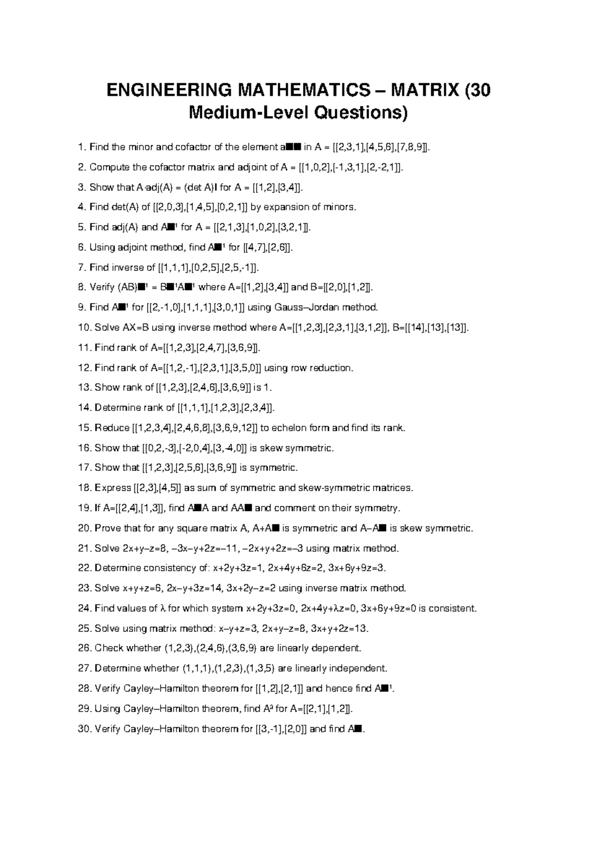 ENG MATHEMATICS MATRIX: 30 Medium Level Questions - Studocu