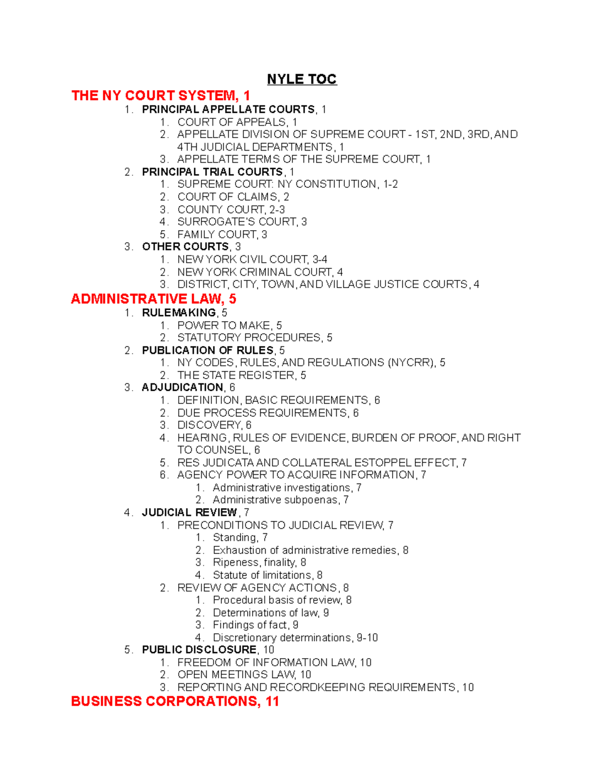 NYLE TOC - Comprehensive Guide to New York Law Contents - Studocu