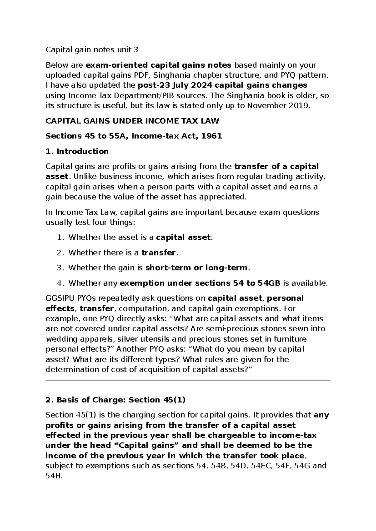 Capital Gains Notes - Unit 3: Key Concepts & Updates for 2024 - Studocu
