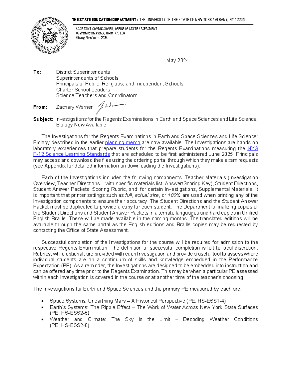 Memo on Science Investigation Materials for Regents Exams - DET 902SINV ...