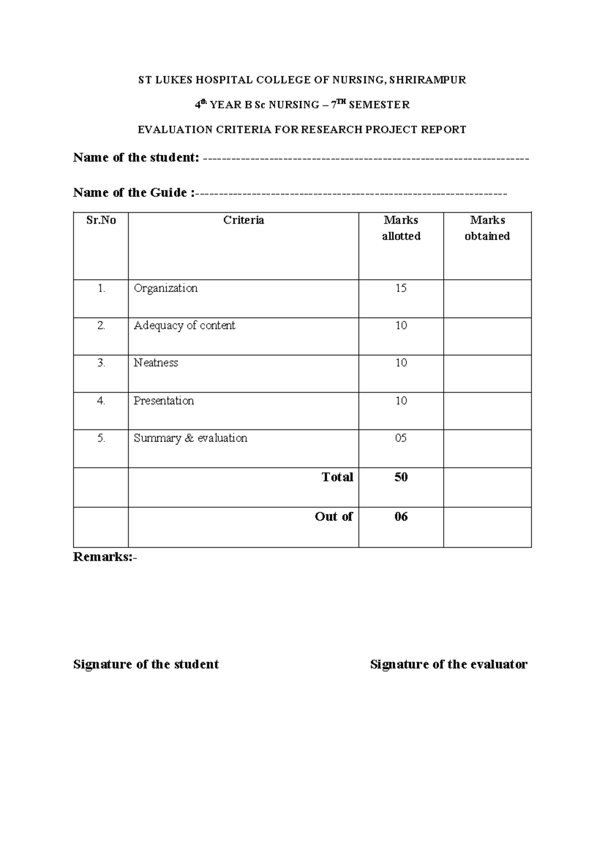 7th sem Research Evaluation form - ST LUKES HOSPITAL COLLEGE OF NURSING ...