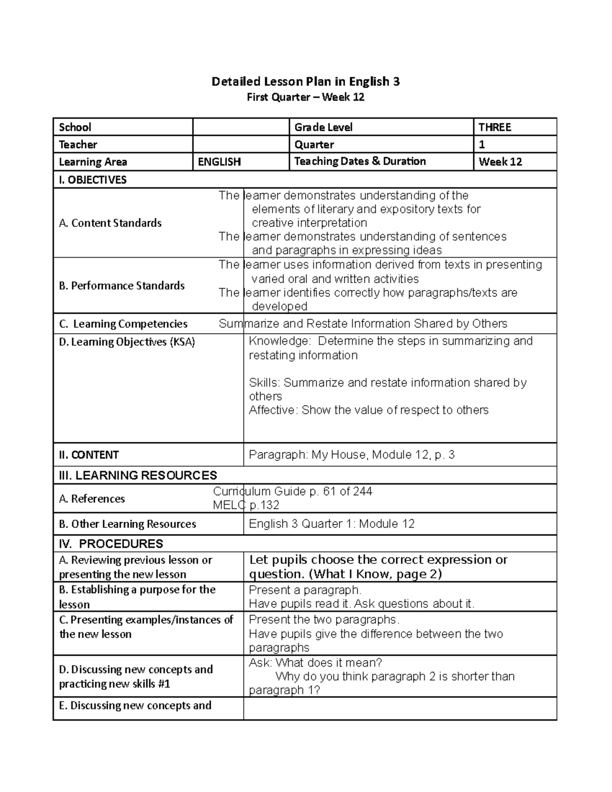 Week 12 - Detailed English Lesson Plan for Grade 3 - Studocu