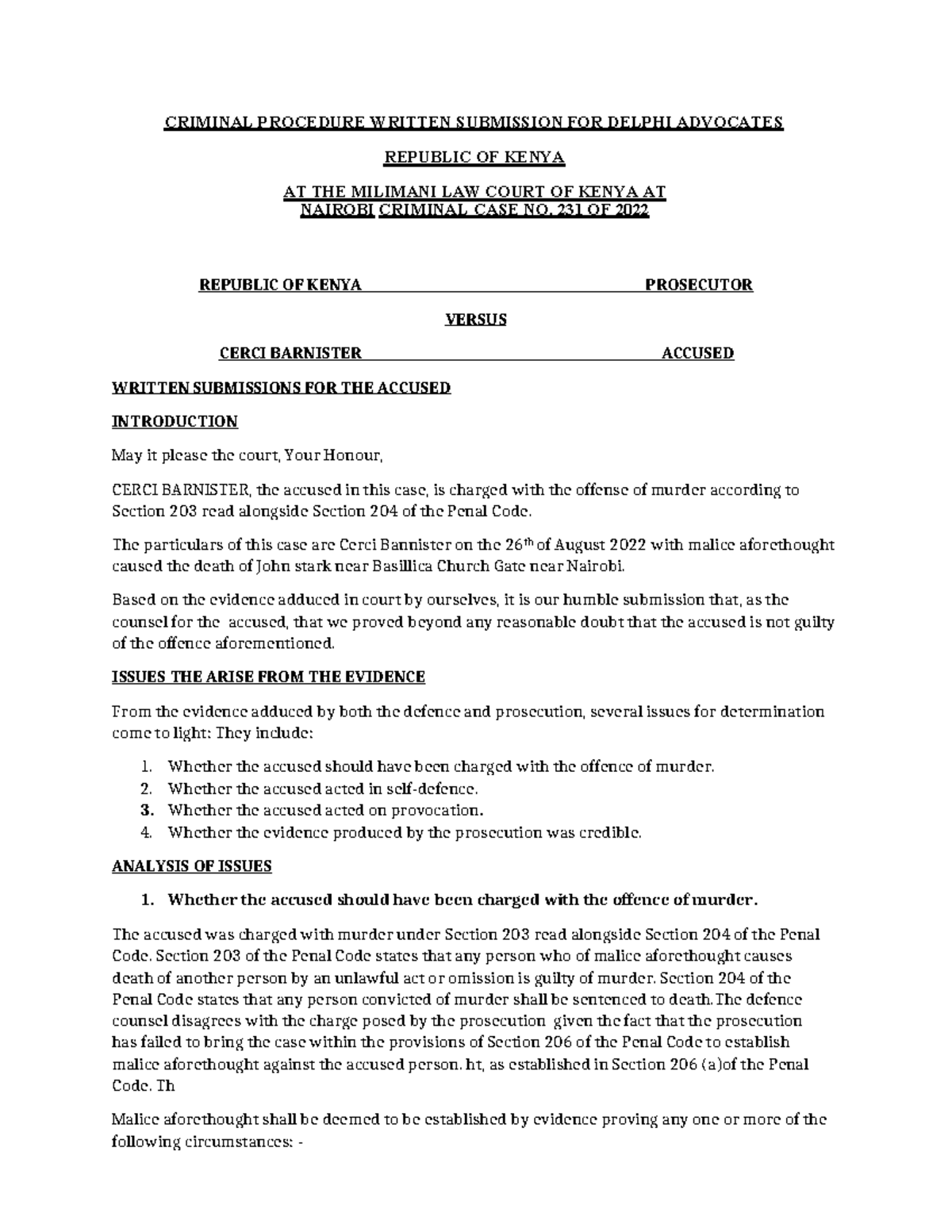 Criminal Procedure Written Submission for CRIMINAL CASE 231/2022 - Studocu