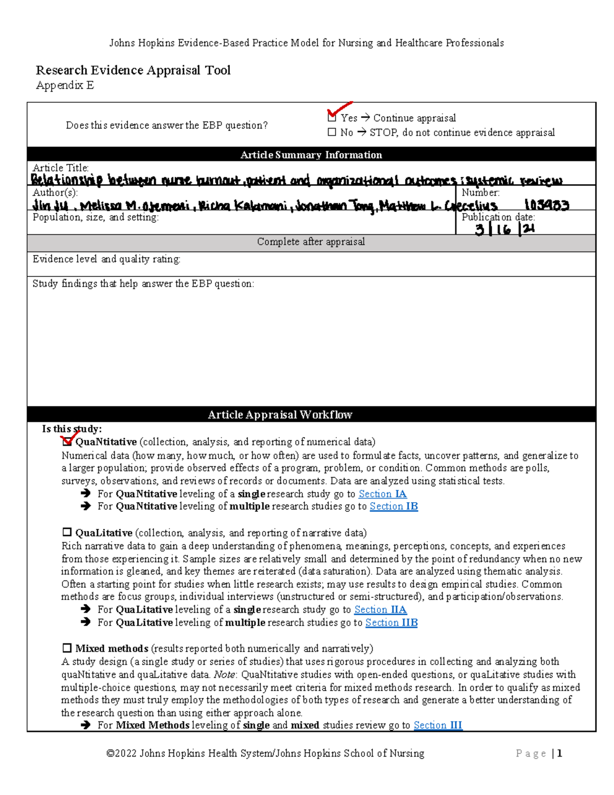 Johns Hopkins EBP Research Evidence Appraisal Tool Appendix E Summary ...