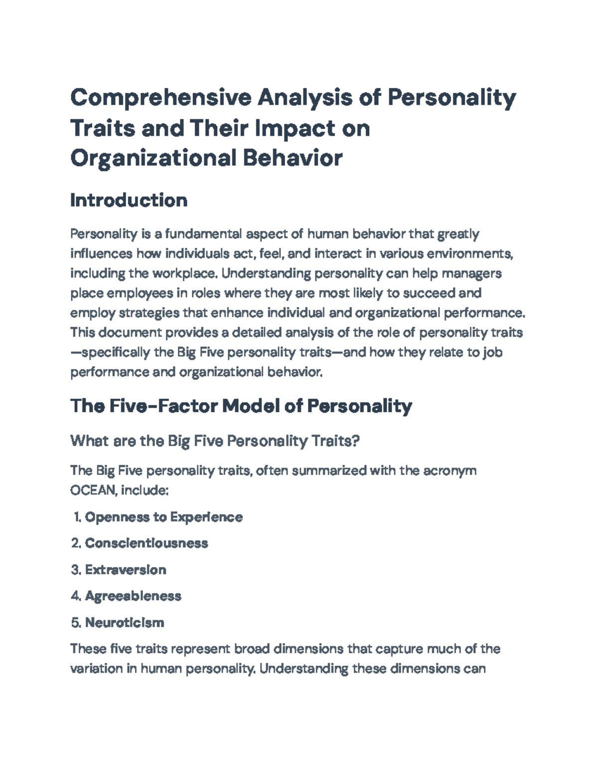 Analysis of Big Five Personality Traits and Organizational Behavior ...