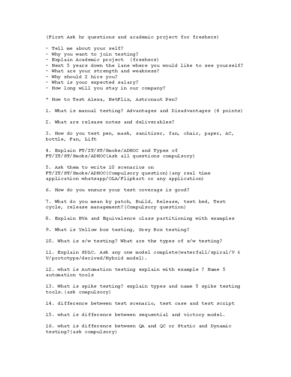 Final Mock Paper: Interview Questions for Freshers in Testing - Studocu