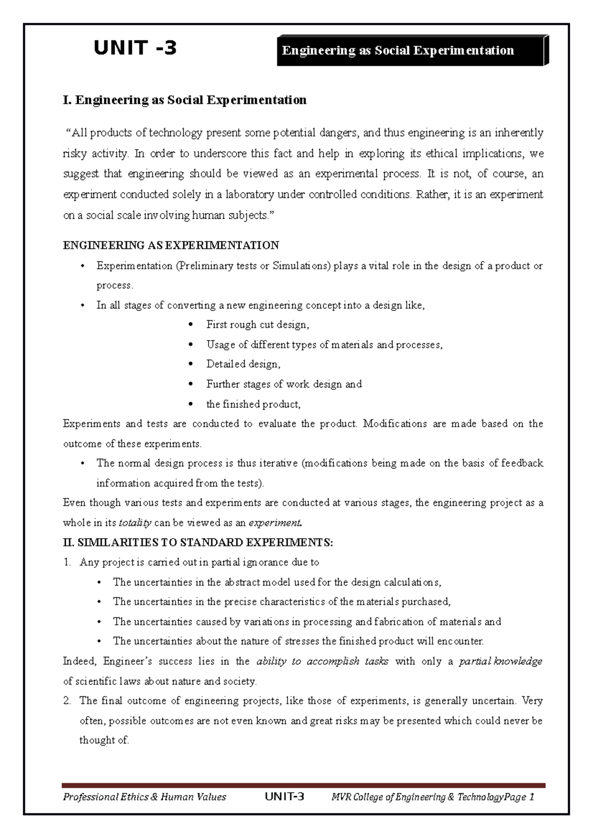 Unit 3: Engineering as Social Experimentation Overview and Ethics - Studocu