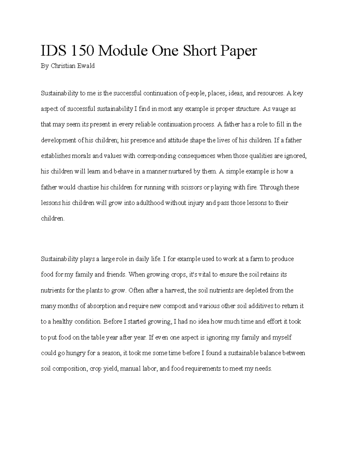 IDS 150 Module One Short Paper: Understanding Sustainability - Studocu
