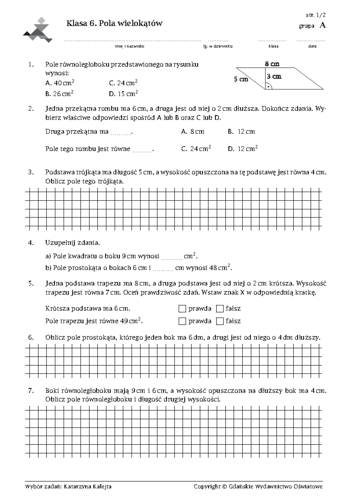 Sprawdzian Z Matematyki Rozdział Pola Wielokątów Klasa 6