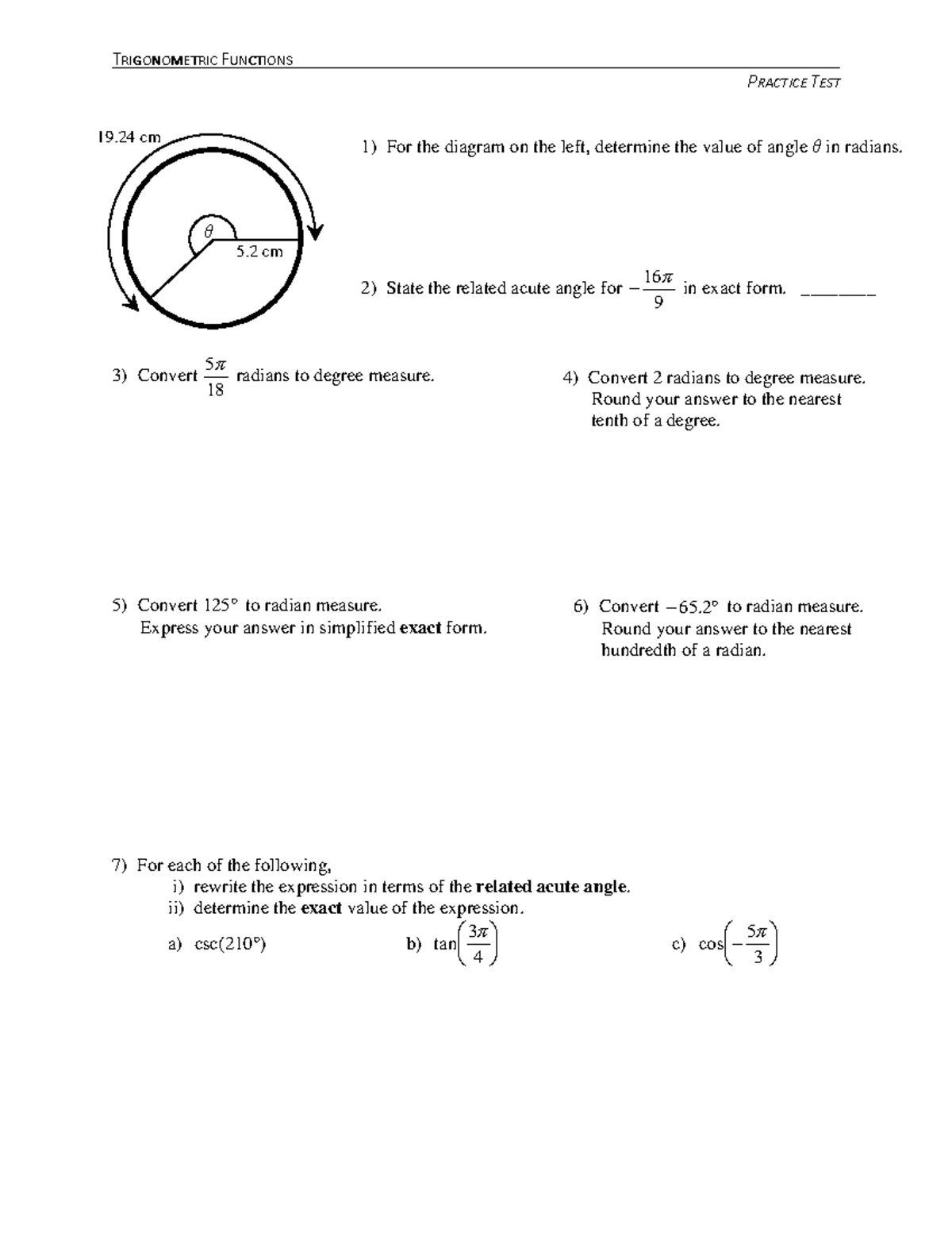 TRIGONOMETRIC FUNCTIONS PRACTICE TEST 19.24 - Studocu