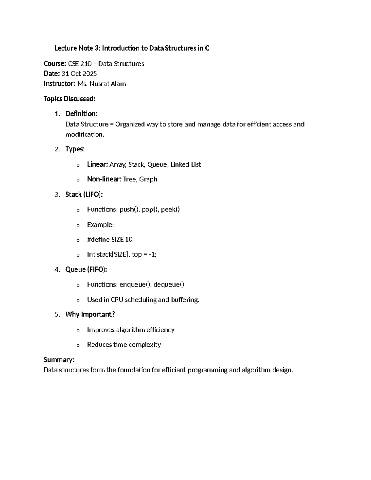 CSE 210 Lecture Note 3: Intro to Data Structures in C - Studocu