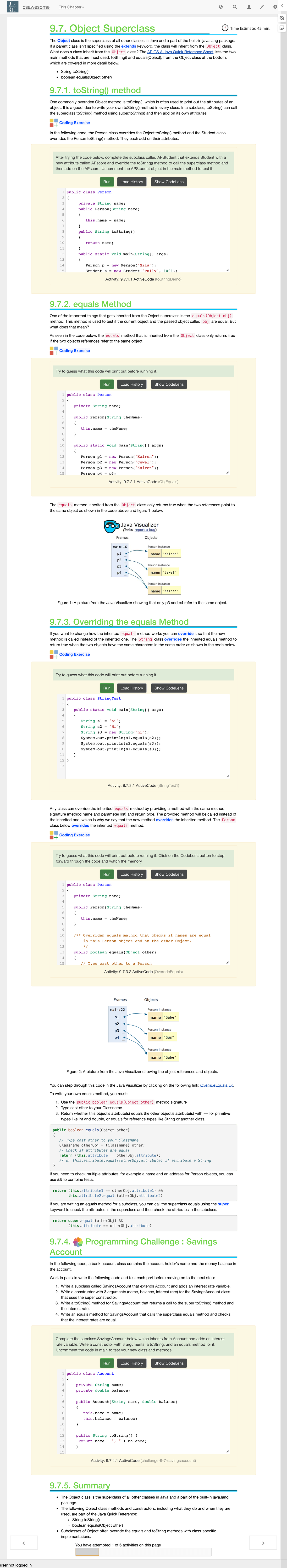 CS332h Chapter 9.7: Understanding the Object Superclass in Java - Studocu