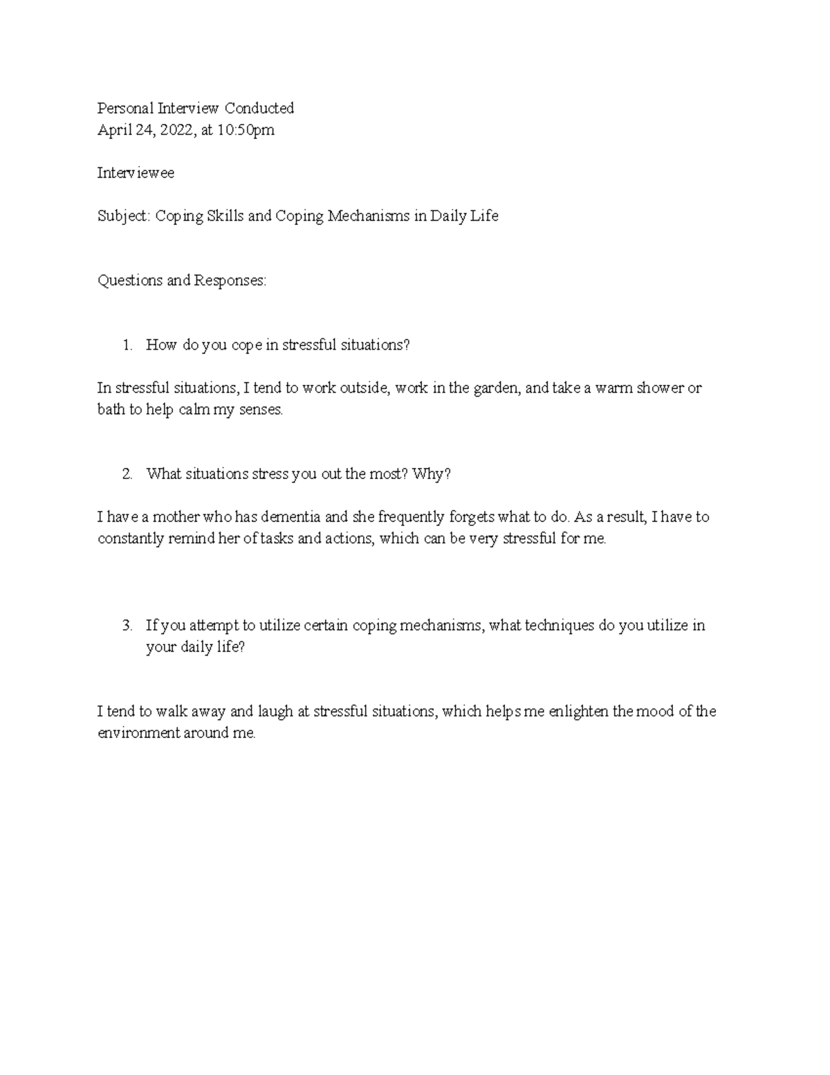 Personal Interview for Essay 3 - Personal Interview Conducted April 24 ...