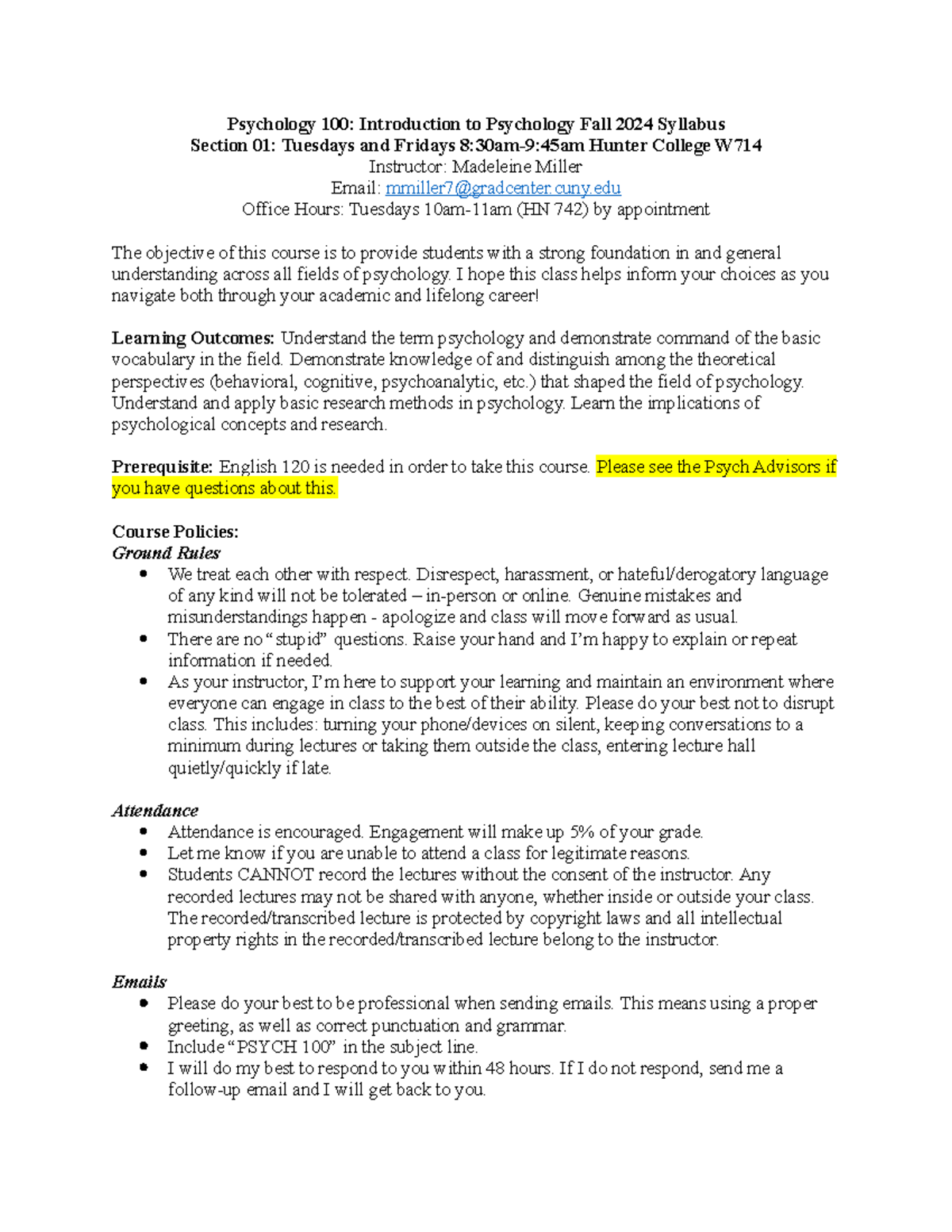 PSYCH 100 Fall 2024 Syllabus: Intro to Psychology Overview and Policies ...