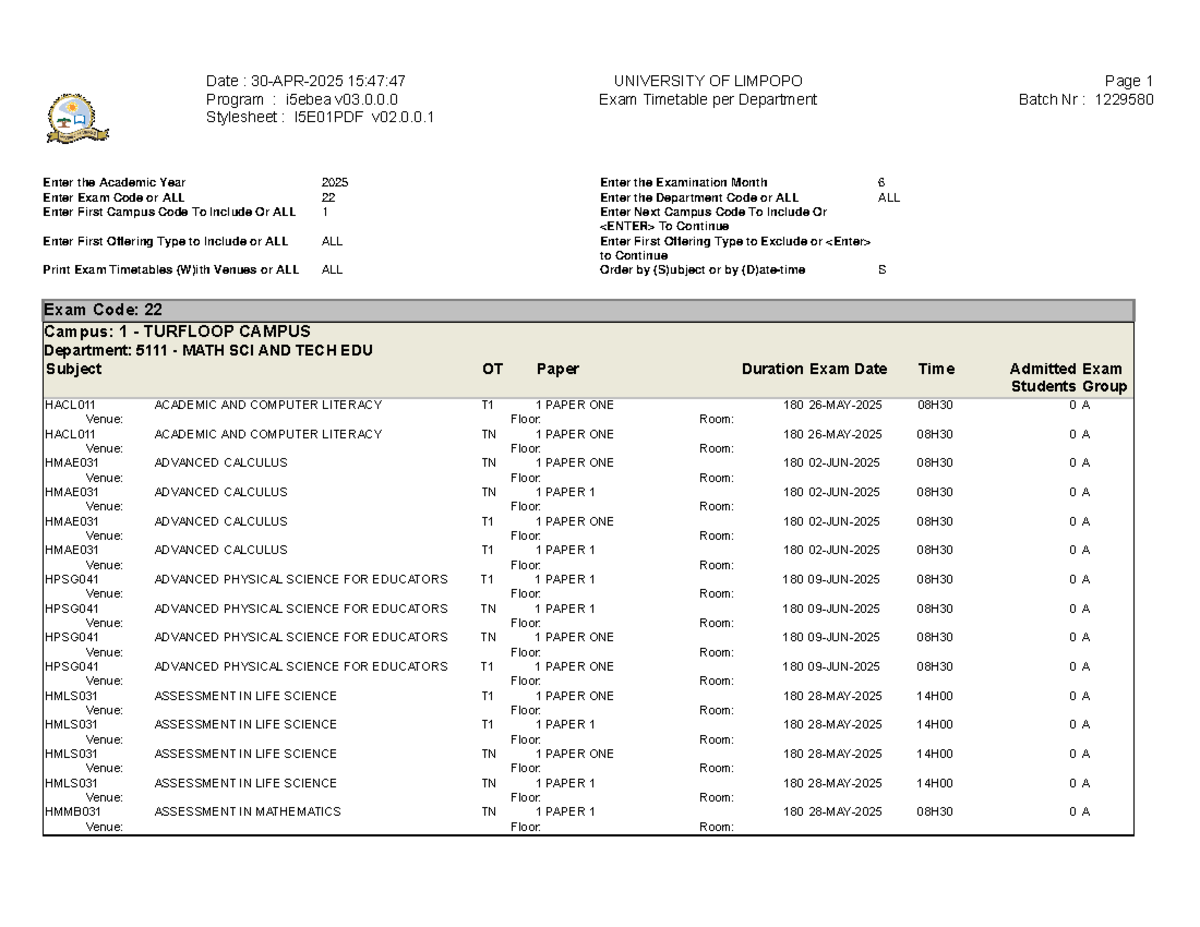 2025 Final Exam Timetable per Department - University of Limpopo - Studocu