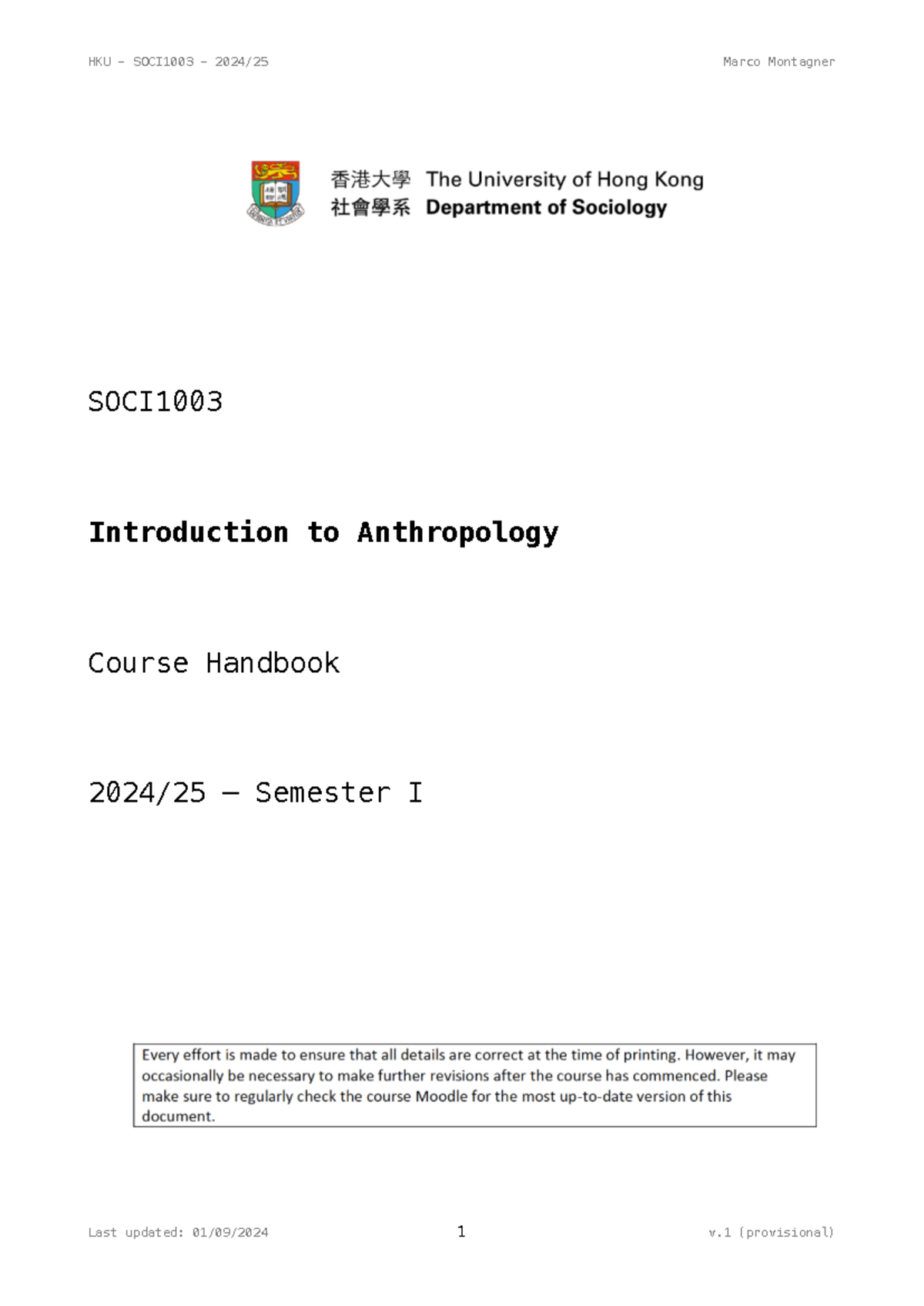 SOCI1003 Course Handbook 2024/25 – Semester I - Introduction to ...