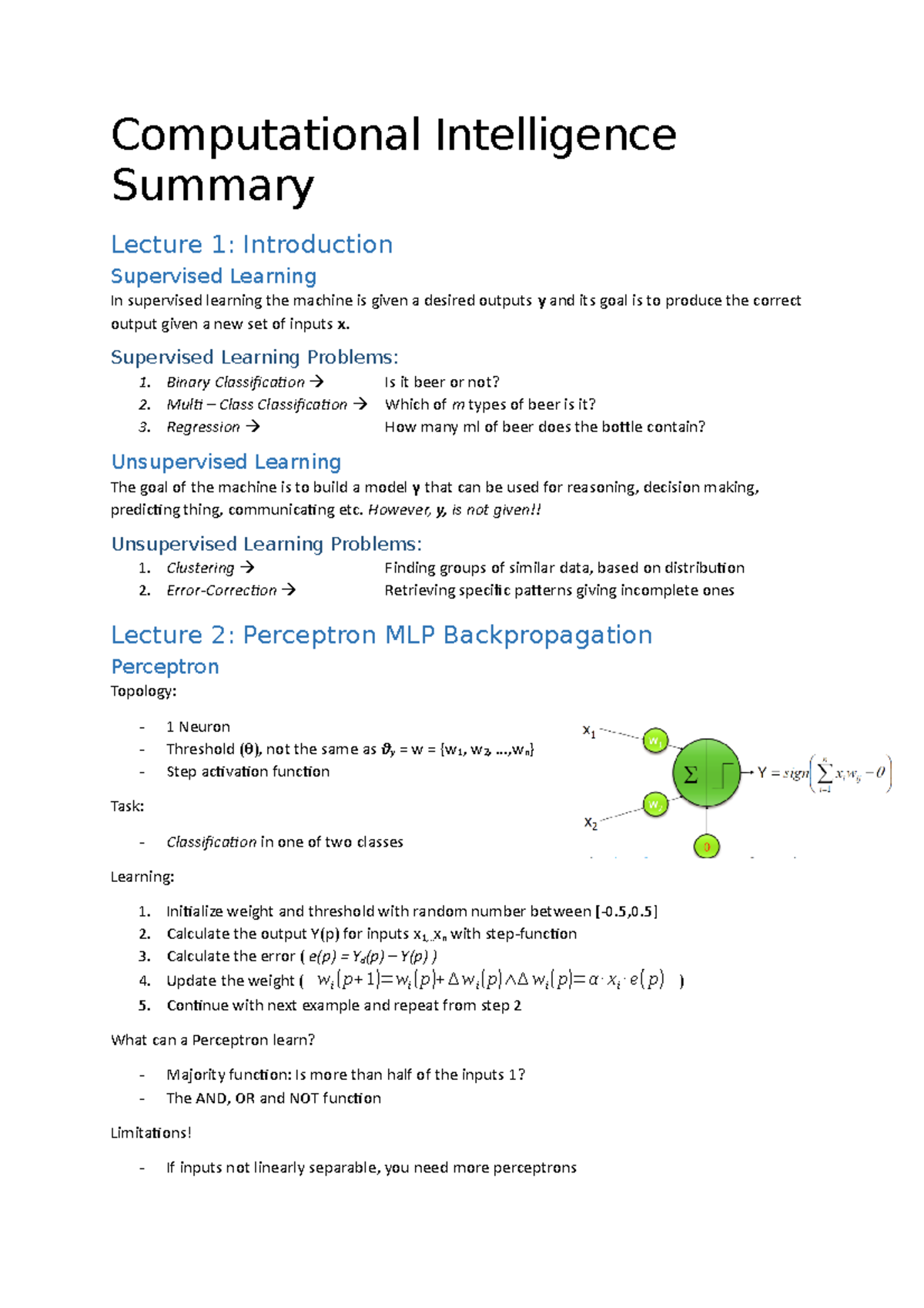 Computational Intelligence (CI) Lecture Summary and Key Concepts ...