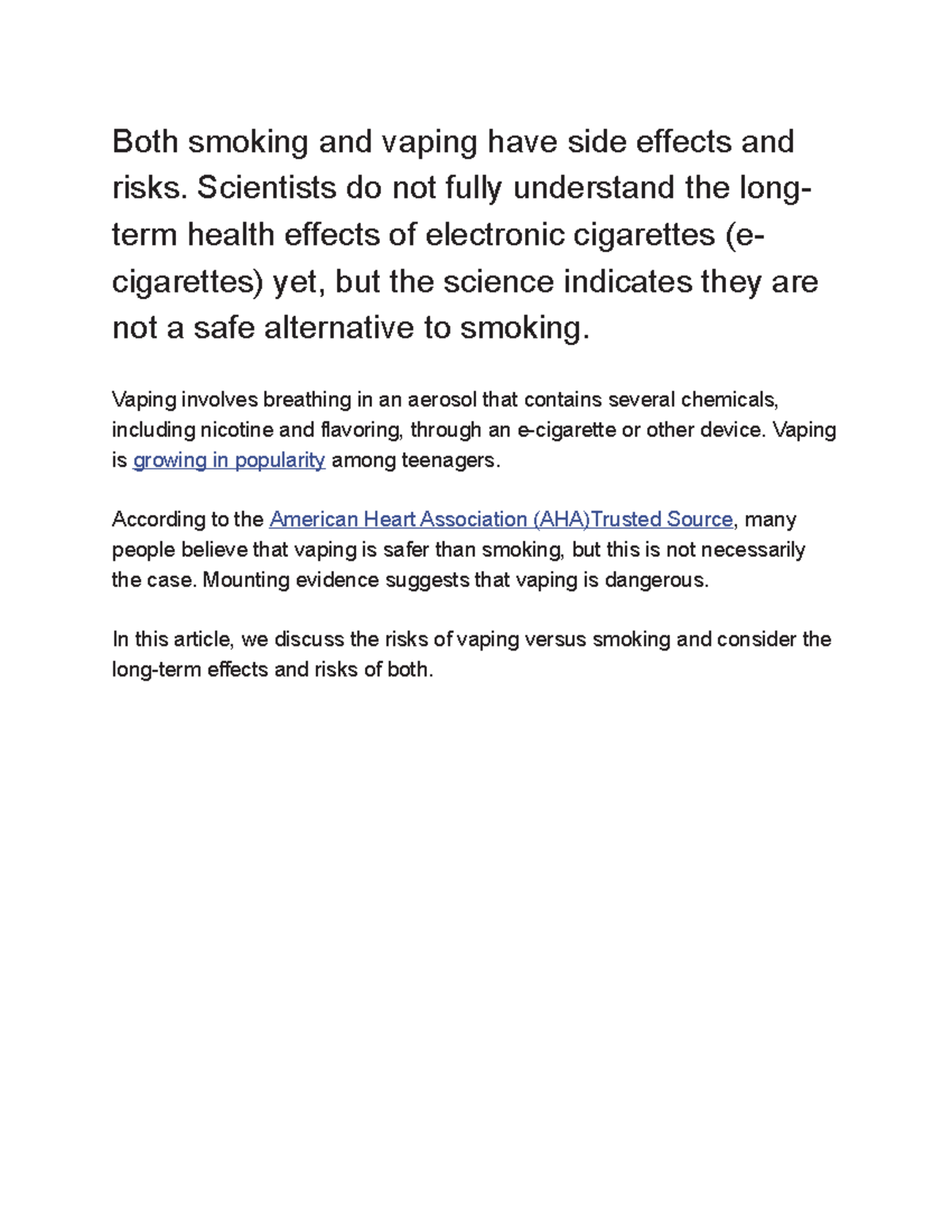 Health Risks of Smoking vs. Vaping: A Comprehensive Analysis - Studocu