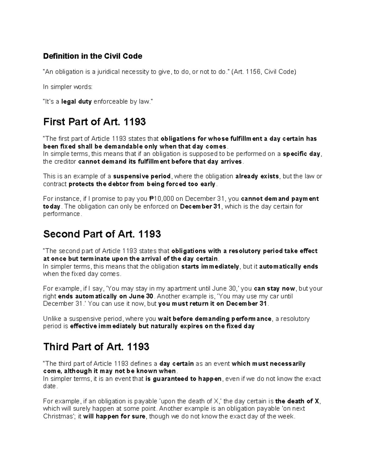 Obligations with a Period: Understanding Art. 1193 (Civil Code) - Studocu