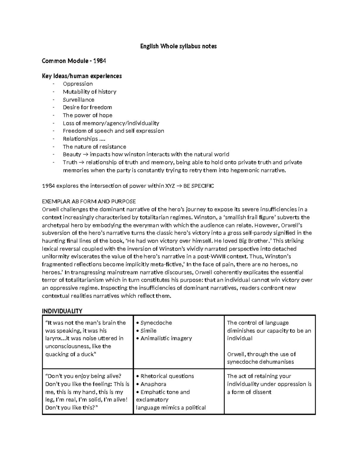 English Module Notes: Exploring Themes in Orwell's 1984 and Eliot's ...