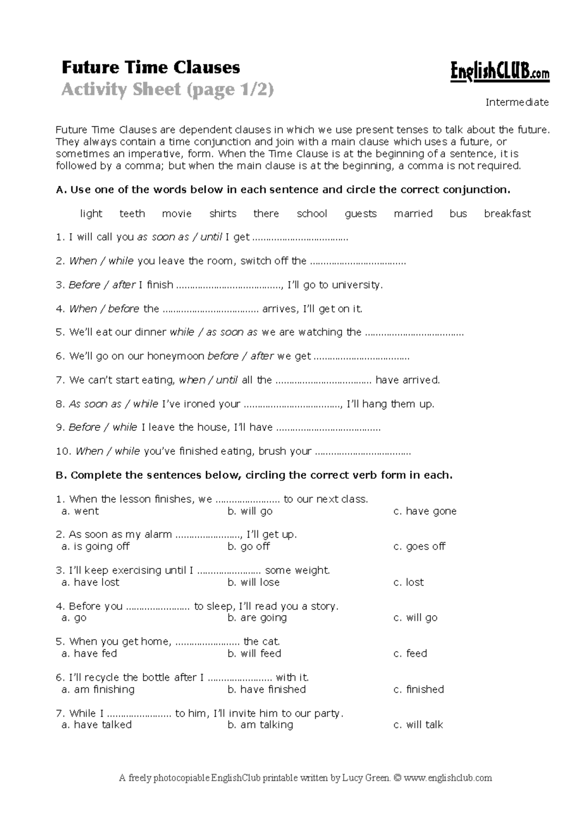 Future Time Clauses Activity Sheet - EnglishCLUB.com - Studocu