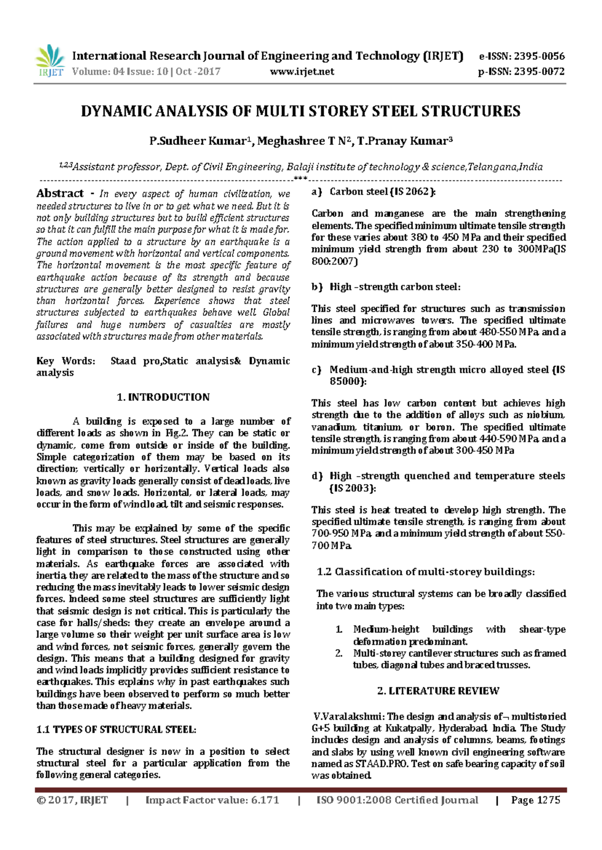 Dynamic Analysis OF Multi Storey Steel S - International Research ...