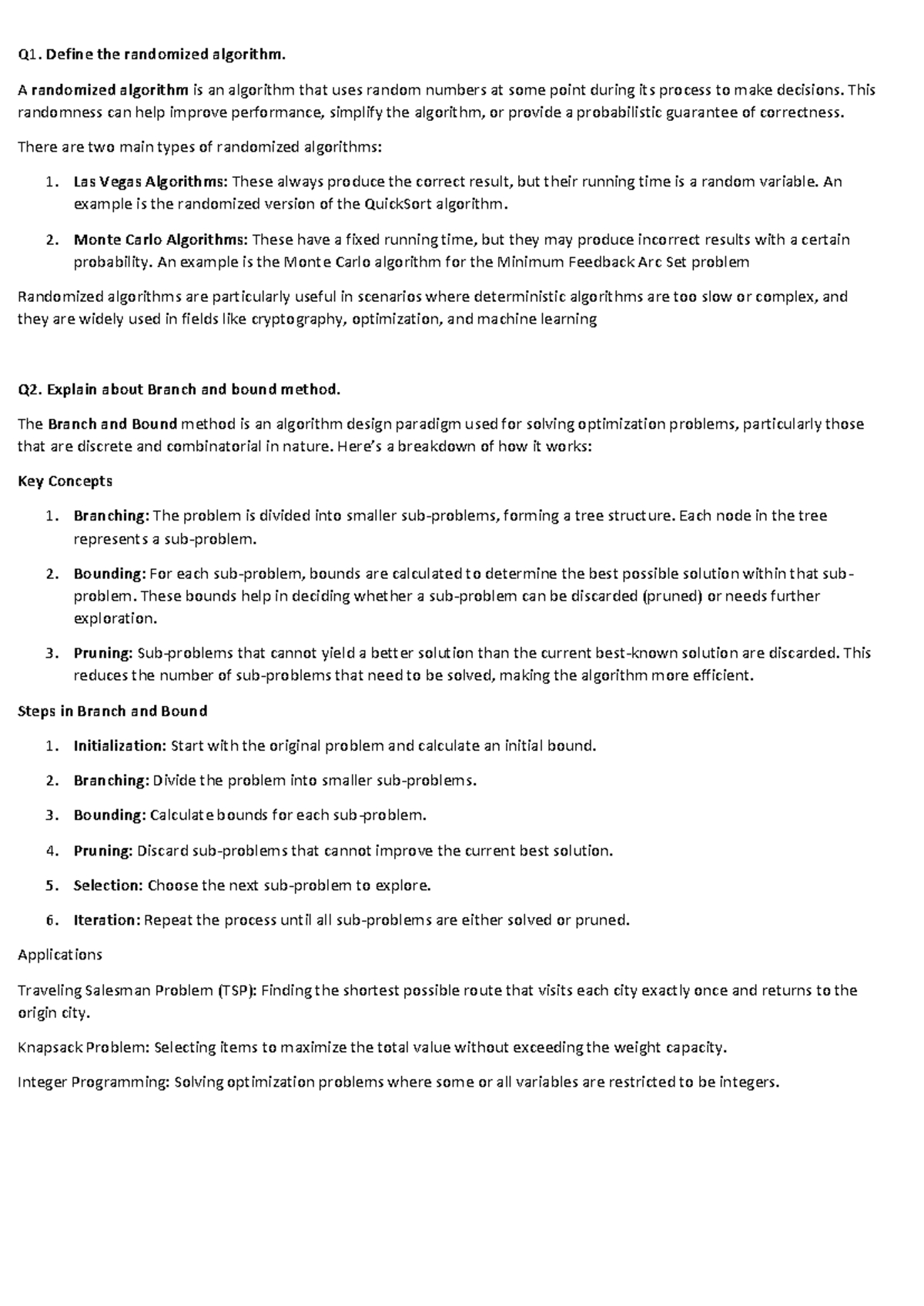 Alogorithm - Question Bank - Q1. Define the randomized algorithm. A ...