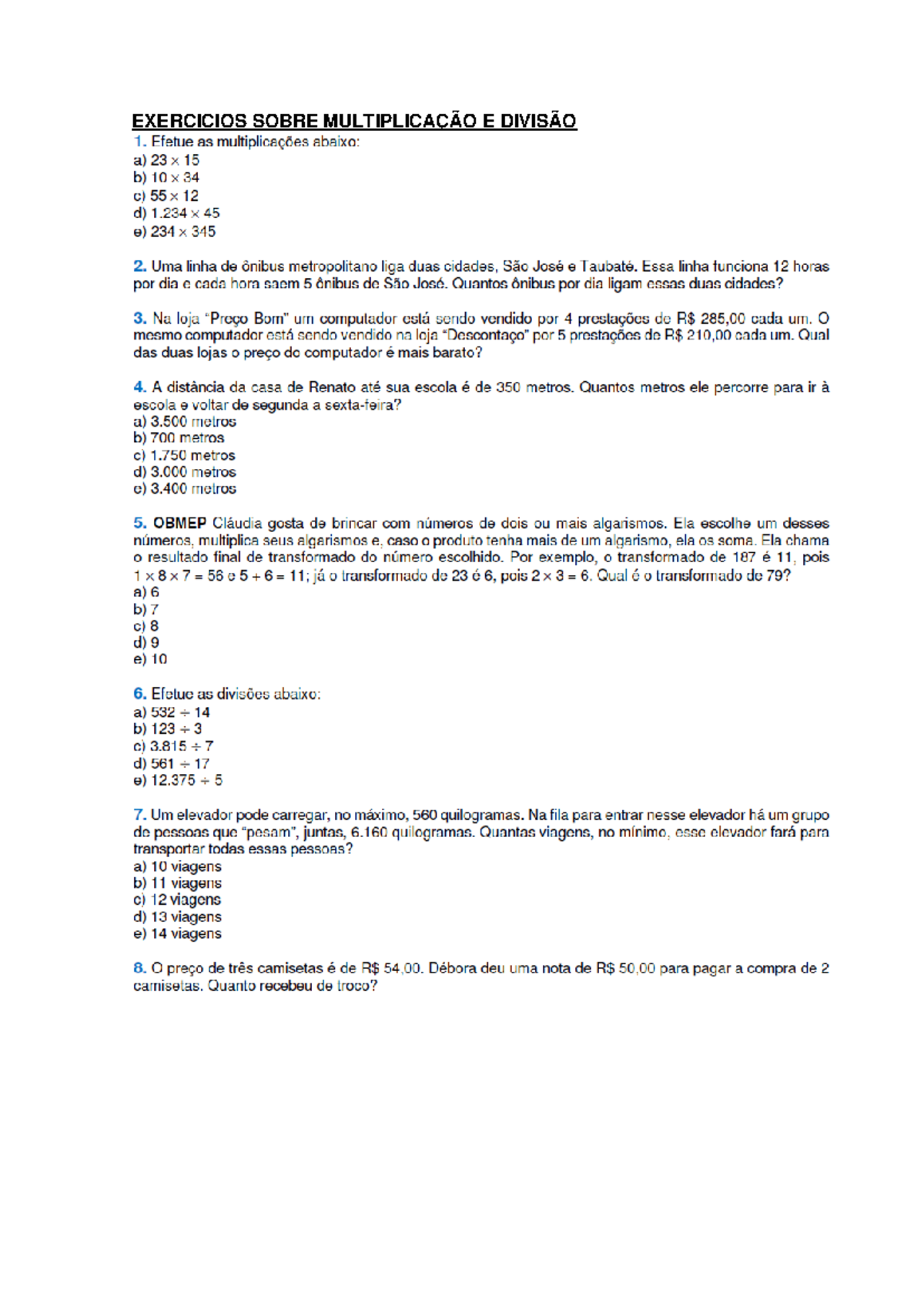 Exercicios Sobre Multiplicacao E Divisao - EXERCICIOS SOBRE ...