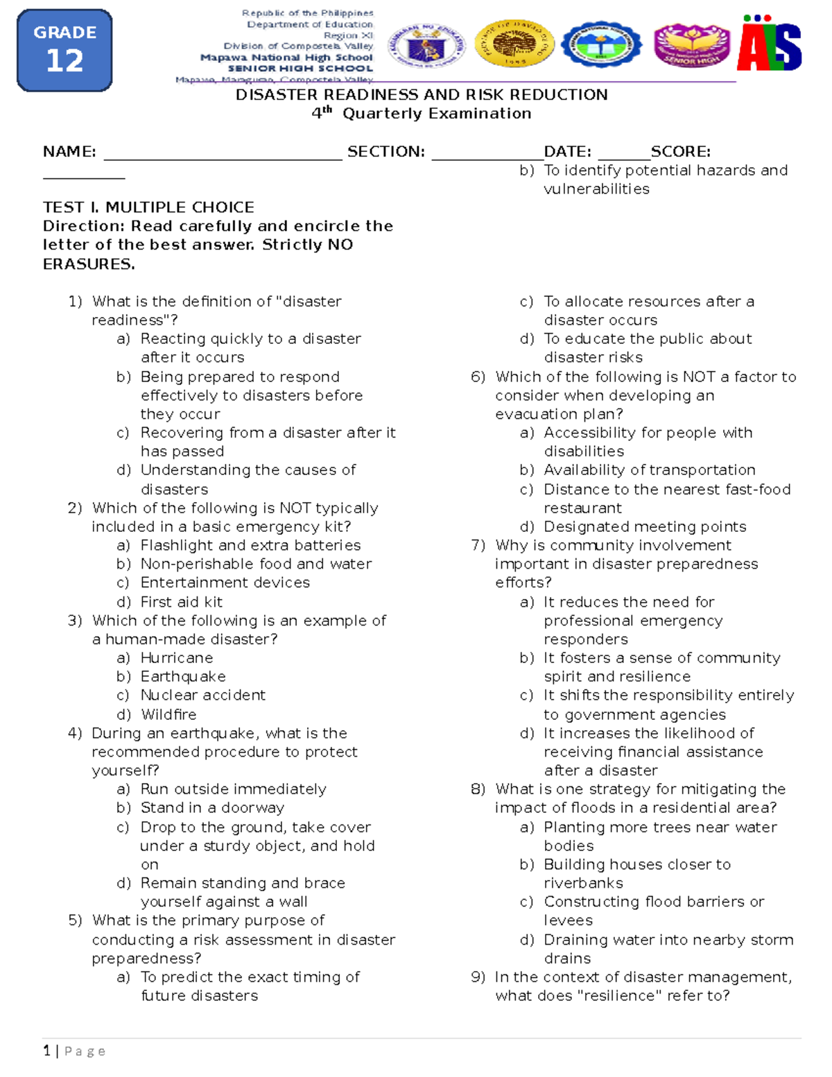 ALS (4th Quarter EXAM) on Disaster Readiness & Risk Reduction - Studocu
