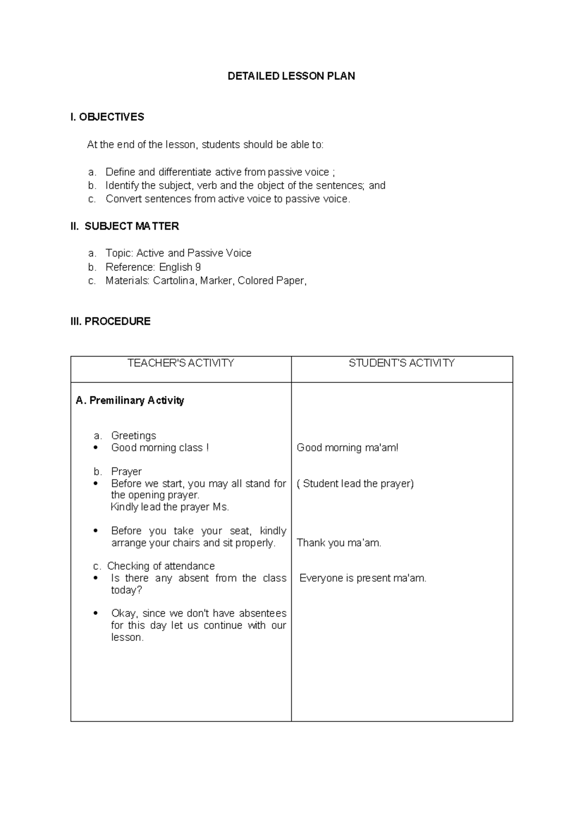 Active and Passive Voice Lesson Plan (English 9) - Studocu
