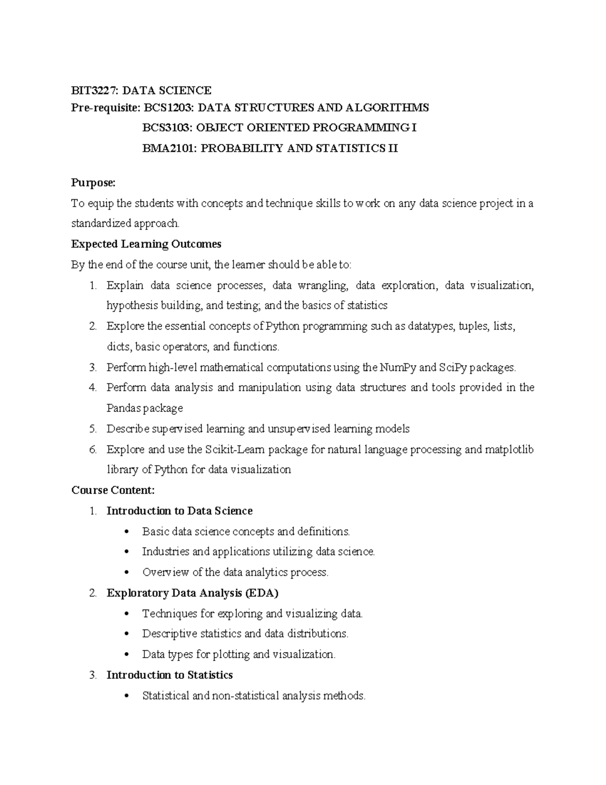 BIT3227: Data Science Course Outline and Learning Outcomes - Studocu