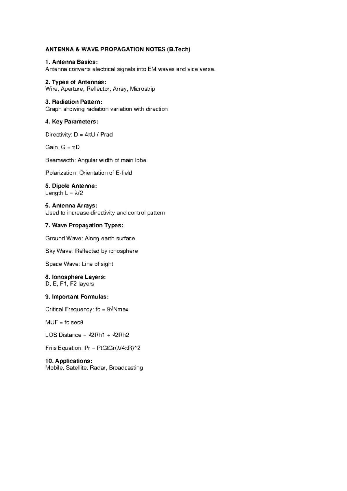 Antenna Wave Propagation Notes (B.Tech) - Key Concepts & Formulas - Studocu