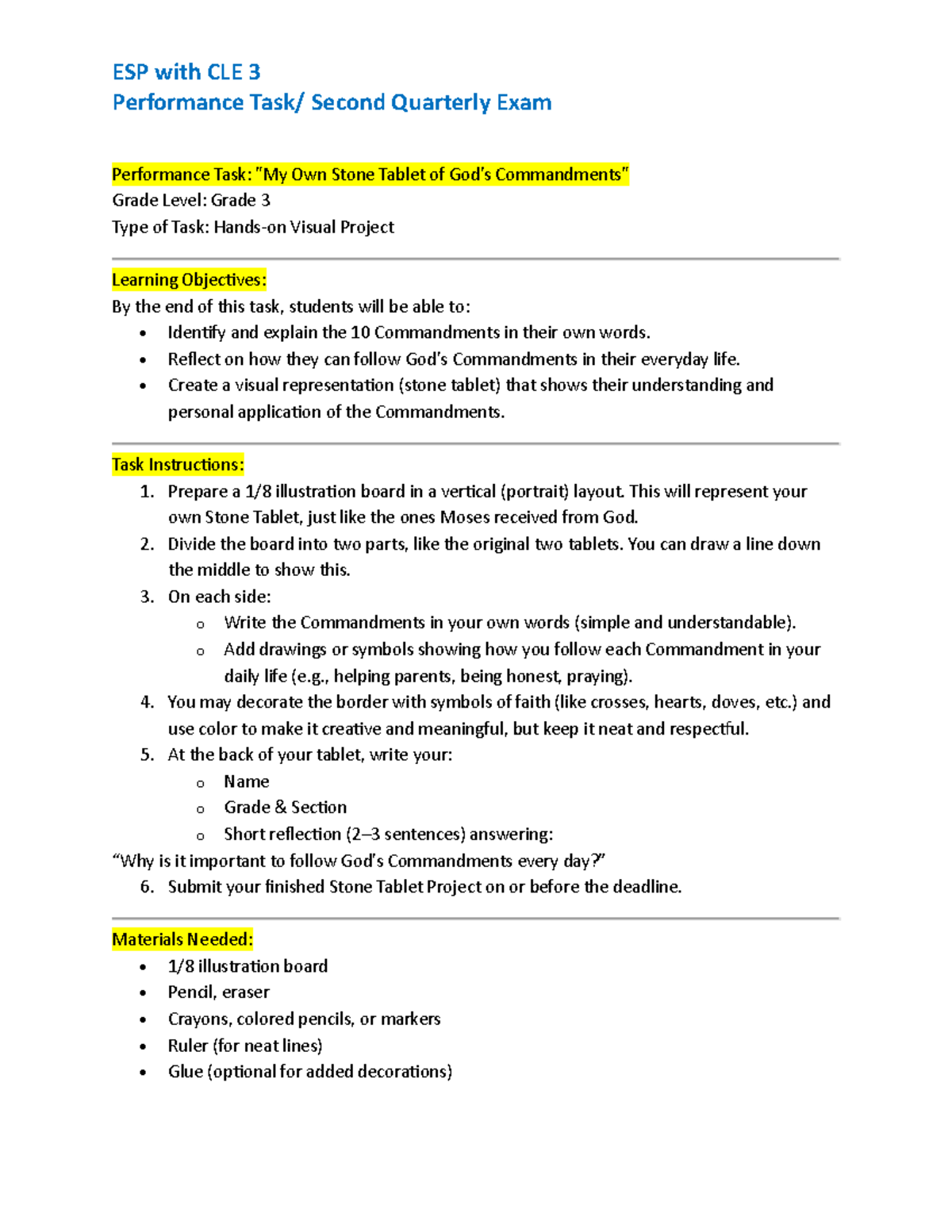 Second Quarter Performance Task: CLE 3 Stone Tablet Project - Studocu