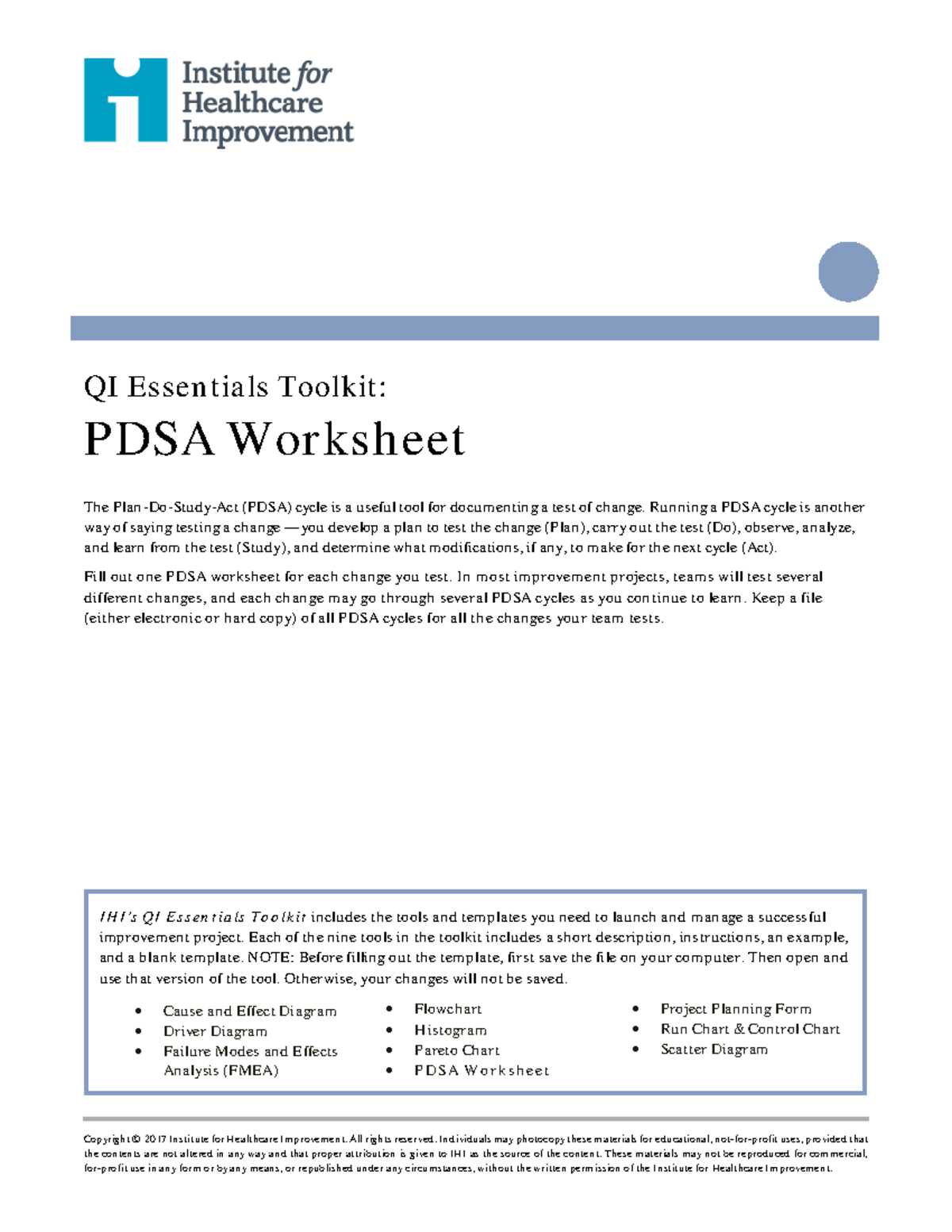 PDSA Worksheet: Improving Health through Walking - QIToolkit - Studocu