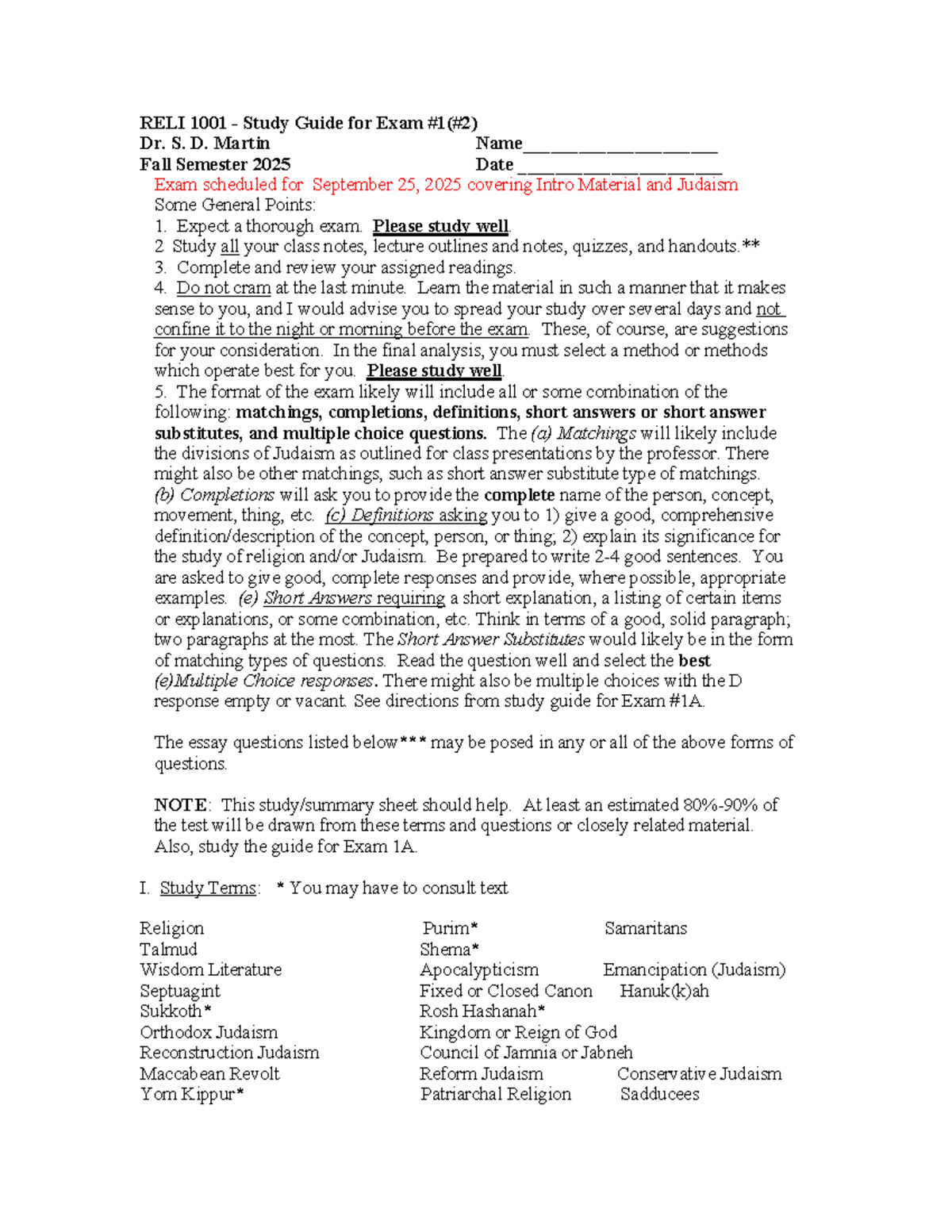 RELI 1001 - Comprehensive Study Guide for Exam #1: Judaism - Studocu