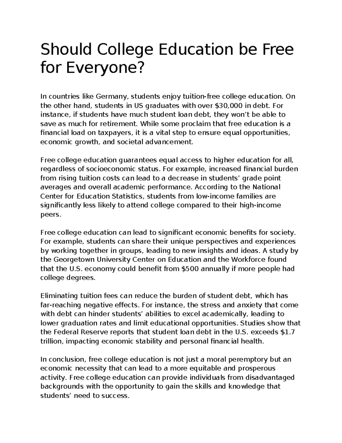 The Economic and Social Case for Free College Education - Studocu