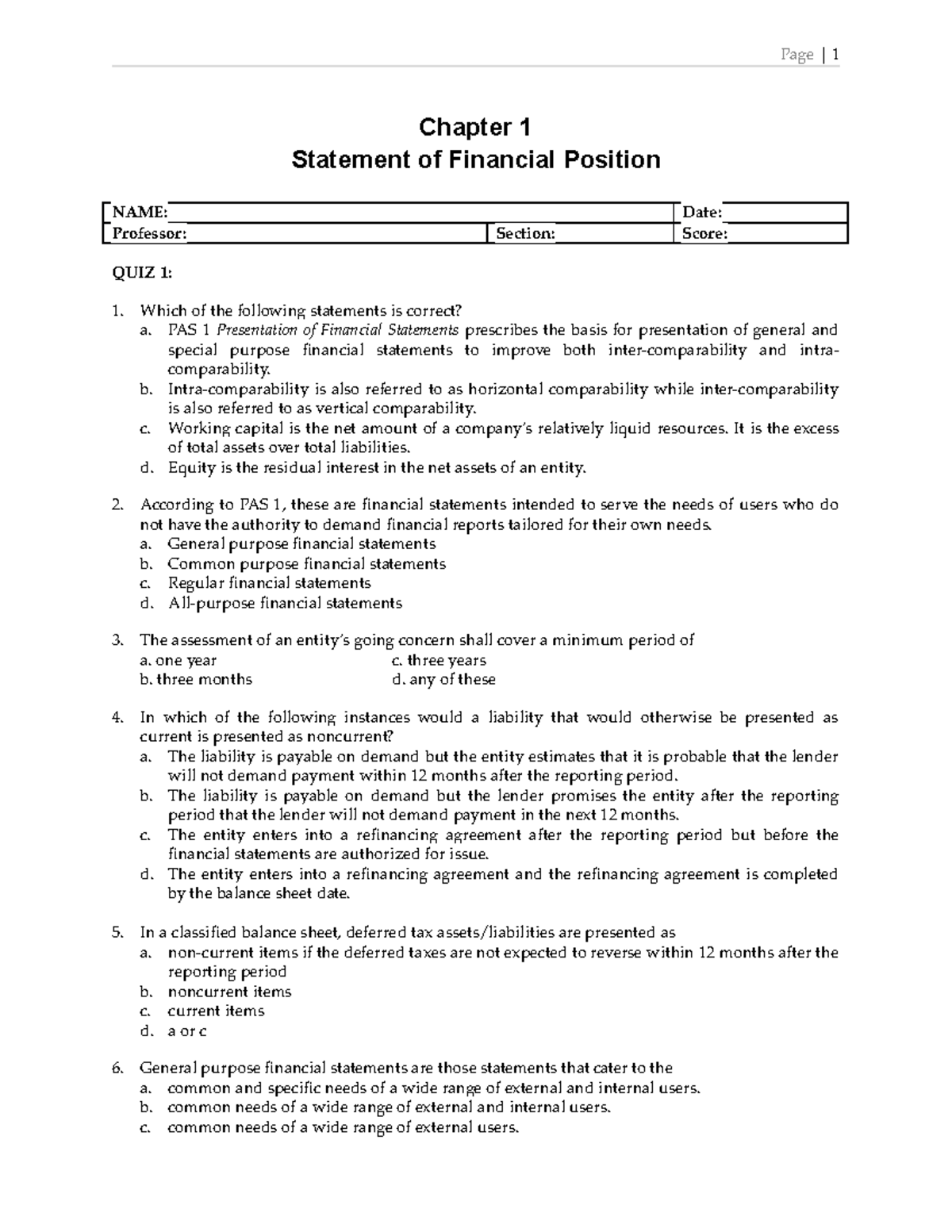 QUIZ: Chapter 1 - Statement of Financial Position Analysis - Studocu
