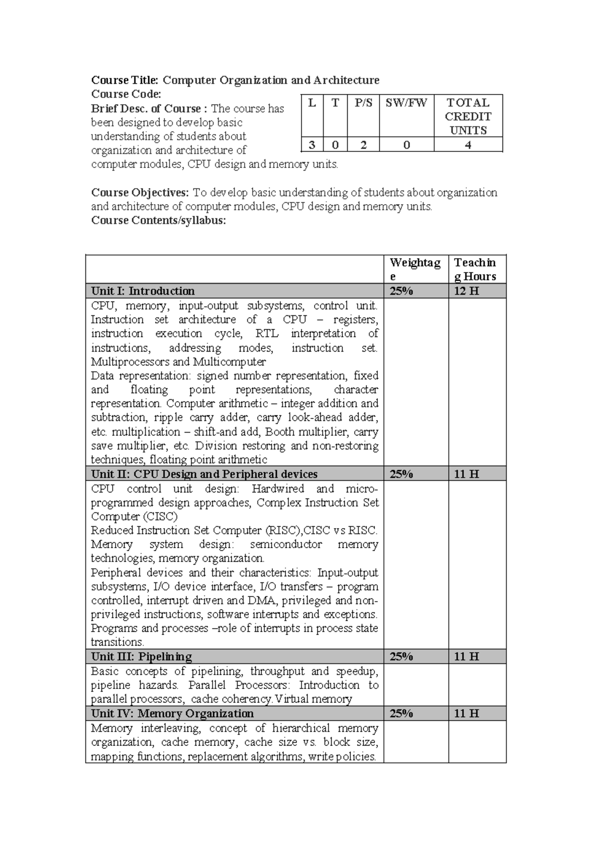 Computer Organization and Architecture (L T) Course Overview and ...