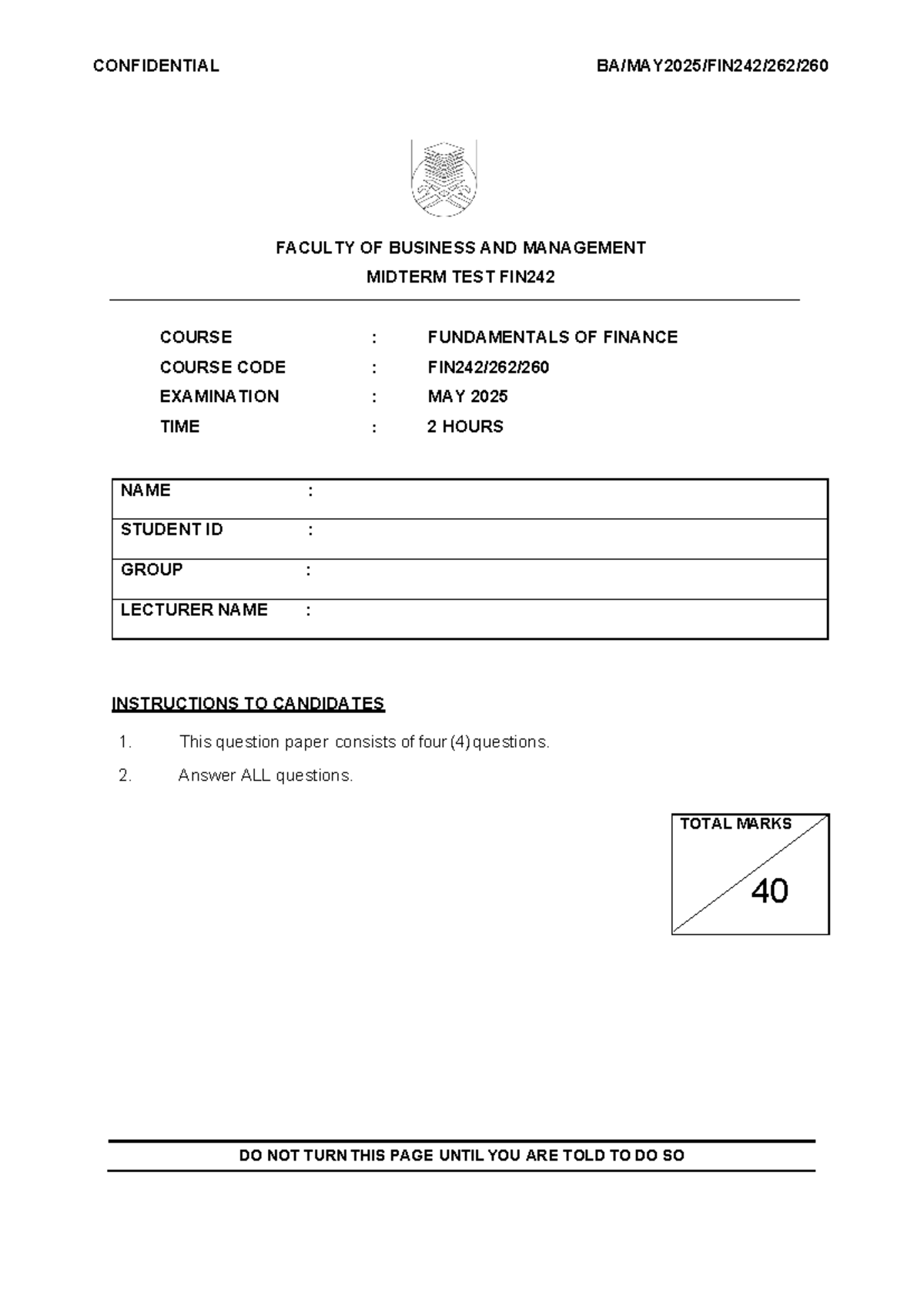 FIN242 Midterm Test: Fundamentals of Finance - May 2025 - Studocu