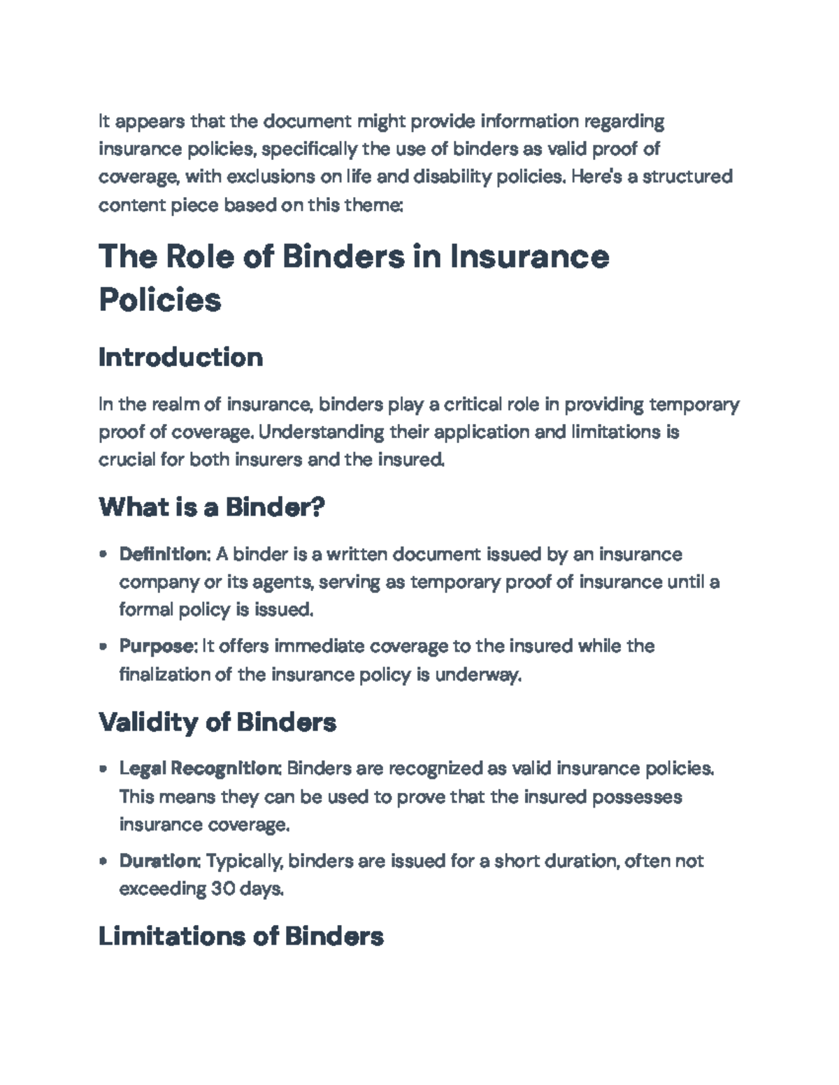 Understanding the Role of Binders in Insurance Policies - It appears ...